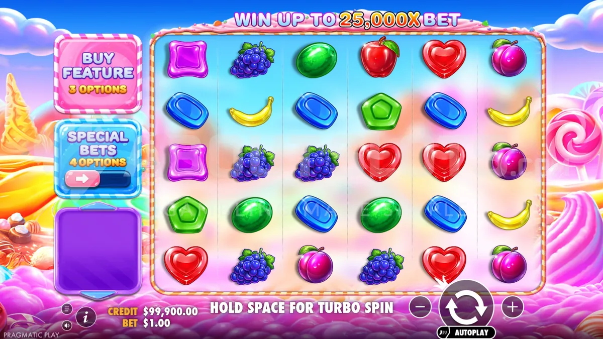 Gioco base Sweet Bonanza 2500 — griglia 6×5 con frutta e dolci